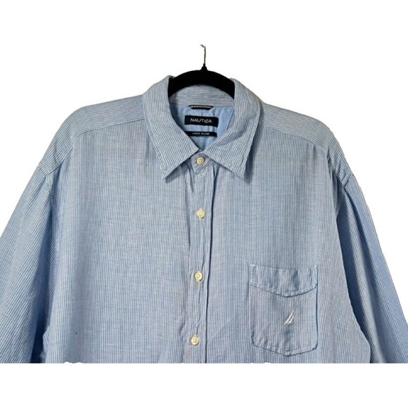 Nautica Baby Blue Linen Blend Shirt Size XL Railroad Stripe Button Down Long Sle - Picture 3 of 14